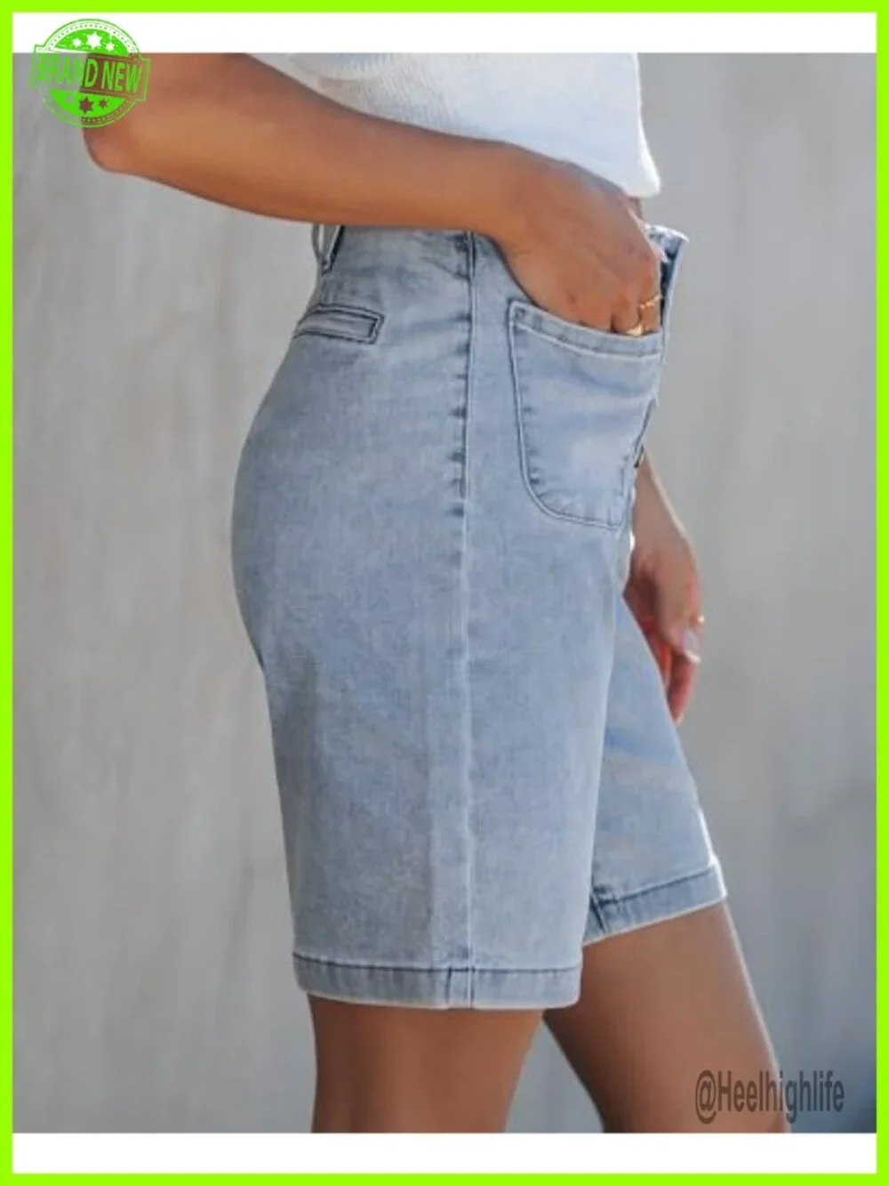Women's Bermuda Shorts High Waisted Button Fly Patch Pocket Long Stretch Denim